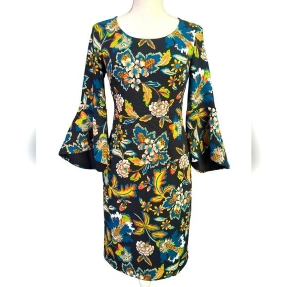 Anna Sui INC Dress Womens XS Black Floral Bell Sleeve Sheath Round Neck Party - Picture 1 of 8